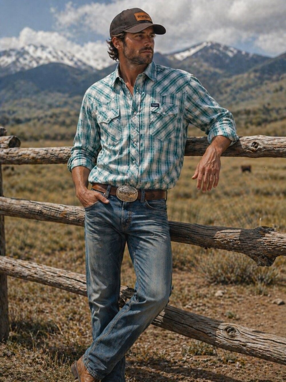 Wrangler Men’s Teal Plaid Western Snap Button Shirt | Rugged Cowboy Ranch Outdoo